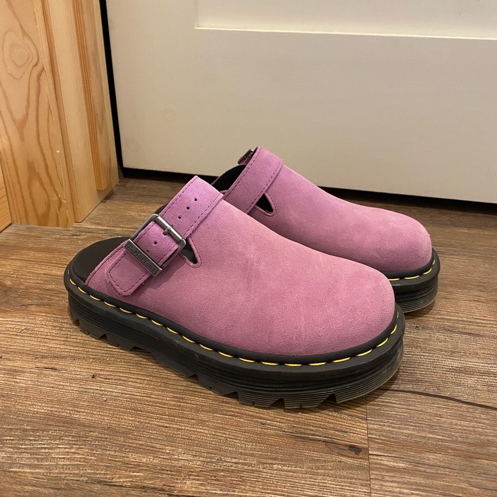 Dr. Martens Pink Suede Platform Clogs